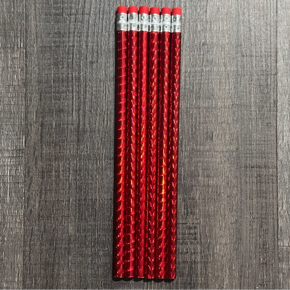 💞 New Set of 6 Red Holographic Pencils with Erasers